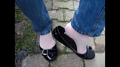 outdoor shoeplay by Isabelle-Sandrine, black patent ballet flats, jeans and nylons Thumb